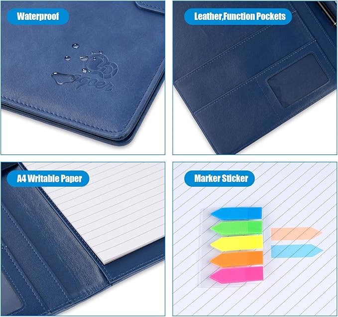 A4 Leather Portfolio Professional Organizer Padfolio,Interview Resume Folder with Magnetic Cover,Conference Document Organizer with Papers,Sticky Tabs,Pen,Work Folio for Women & Man,Retro Blue