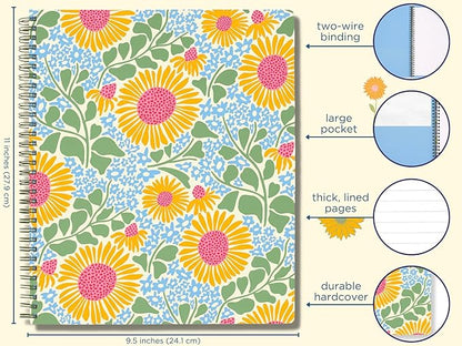 Steel Mill & Co Cute Large Spiral Notebook College Ruled, 11" x 9.5" with Durable Hardcover and 160 Lined Pages (Sunflower)