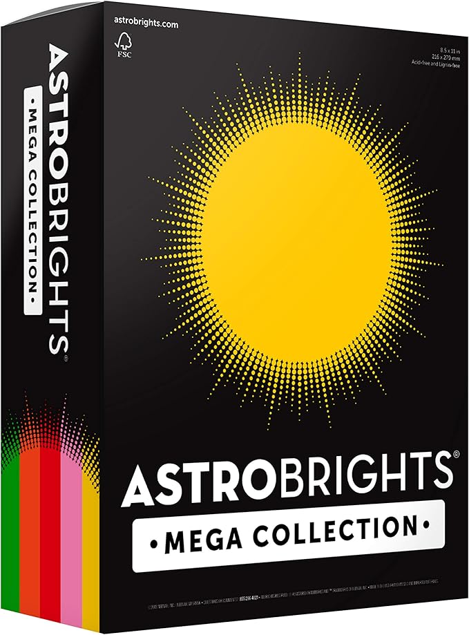 Astrobrights Mega Collection Colored Paper, 8 ½ x 11, 24 lb/89 gsm, “Retro” 5-Color Assortment, 625 Ct. (91685)"Amazon Exclusive" - More Sheets! , Assorted