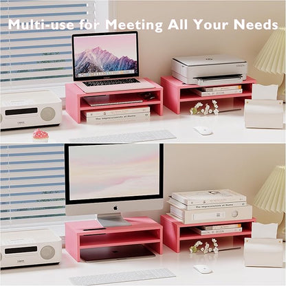BONTEC Monitor Stand Riser, 2 Tiers Wood Monitor Riser Stand with Storage Organizer, Desktop Ergonomic Monitor Stand Riser with Cellphone Holder and Cable Management, 16.7 Inch Shelf, Pink