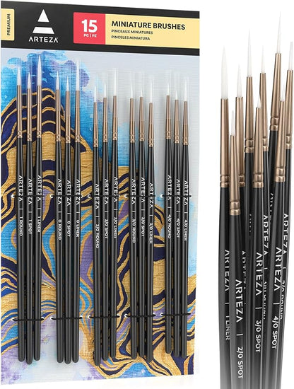ARTEZA Detail Paint Brushes, Set of 15, Fine Detail Brush Set for Miniature Models and Canvases