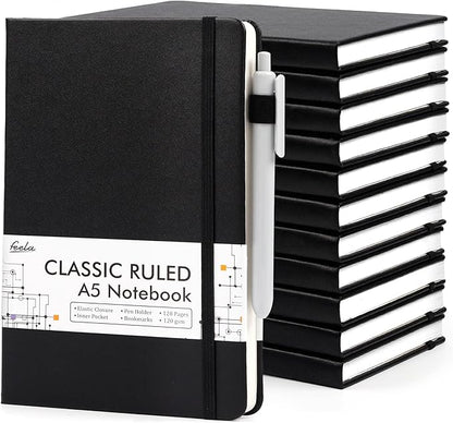 feela 12 Pack Notebooks Journals Bulk with 12 Black Pens, A5 Hardcover Notebook Classic Ruled Journal Set with Pen Holder for School Business Work Travel Writing, 120 GSM, 5.1”x8.3”, Black