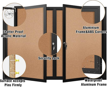 48"x34" Enclosed Bulletin Board, Outdoor Lockable Weather-Resistant Aluminum Cork Noticeboard for School & Office, Black Frame w/Cork