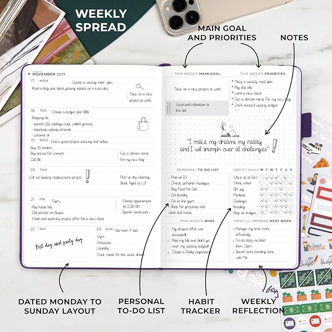 Clever Fox Dated Planner Premium Edition – 2025-2026 Weekly Planner for Planning, Goal Setting & Time Management – Planner Notebook with Habit Tracker & to-do List – A5 Size (Purple)