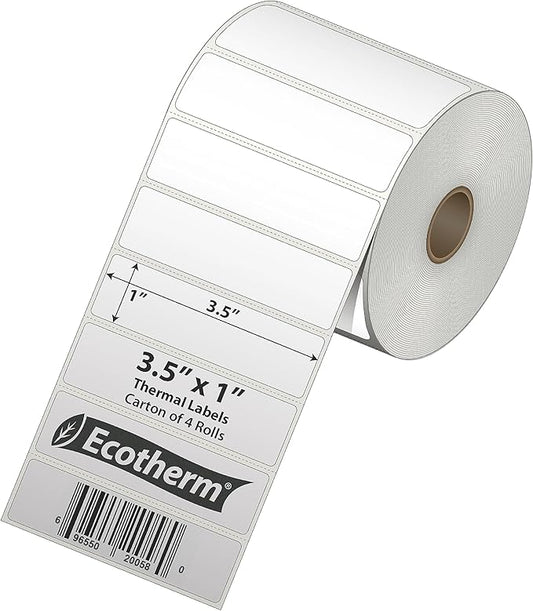 3.5" x 1" Thermal Labels | 4 Rolls | 5360 Labels | fits Zebra, Munbyn, Rollo, Godex, Arkscan, iDPRT, Offnova Thermal Label Printers and More | Blank White Adhesive Stickers by Ecotherm