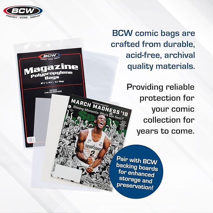 BCW Magazine Bags - 5 Pack - 500 Bags | Acid-Free, Crystal Clear Polypropylene Sleeves for Archival-Quality Storage of Collectible Magazines | Protect and Showcase Your Valuable Comic Book Collection