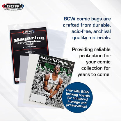 BCW Magazine Bags - 5 Pack - 500 Bags | Acid-Free, Crystal Clear Polypropylene Sleeves for Archival-Quality Storage of Collectible Magazines | Protect and Showcase Your Valuable Comic Book Collection