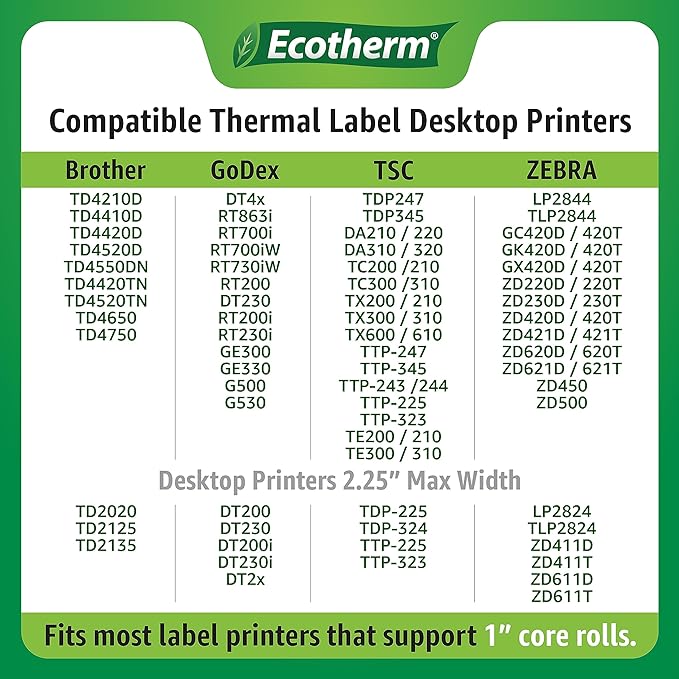 2.25" x 2" Thermal Labels | 6 Rolls | 8220 Labels | fits Zebra, Munbyn, Rollo, Godex, Arkscan, iDPRT, Offnova Thermal Label Printers and More | Blank White Adhesive Stickers by Ecotherm