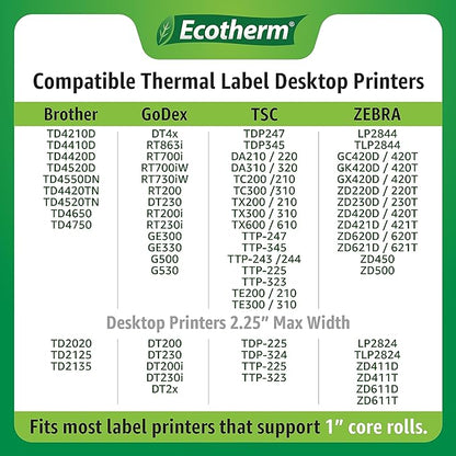 4" x 1.25" Thermal Labels | 6 Rolls | 12600 Labels | fits Zebra, Munbyn, Rollo, Godex, Arkscan, iDPRT, Offnova Thermal Label Printers and More | Blank White Adhesive Stickers by Ecotherm