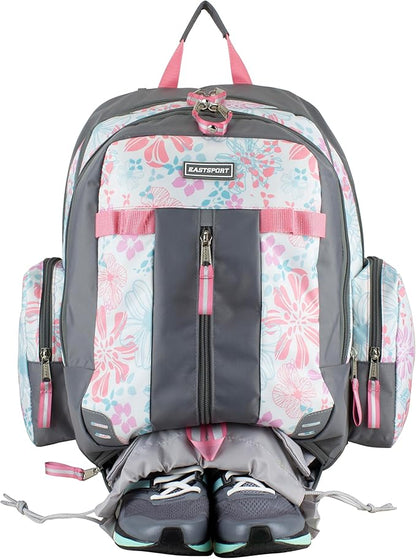 Eastsport Extra Large Backpack Expandable Oversized For Travel Hiking Work Camping Sports Outdoors With Drawstring Bag 18x13.5x9.5 Spring Floral Ash Grey