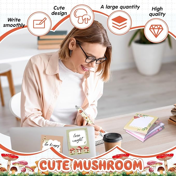 Sabary 9 Pads Sticky Notes 3.15 x 3.94 Inches Cute Self Sticky Note Pads Colored Adhesive Notepad for Memo Reminder Journal Studying Office Home Gift (Mushroom)