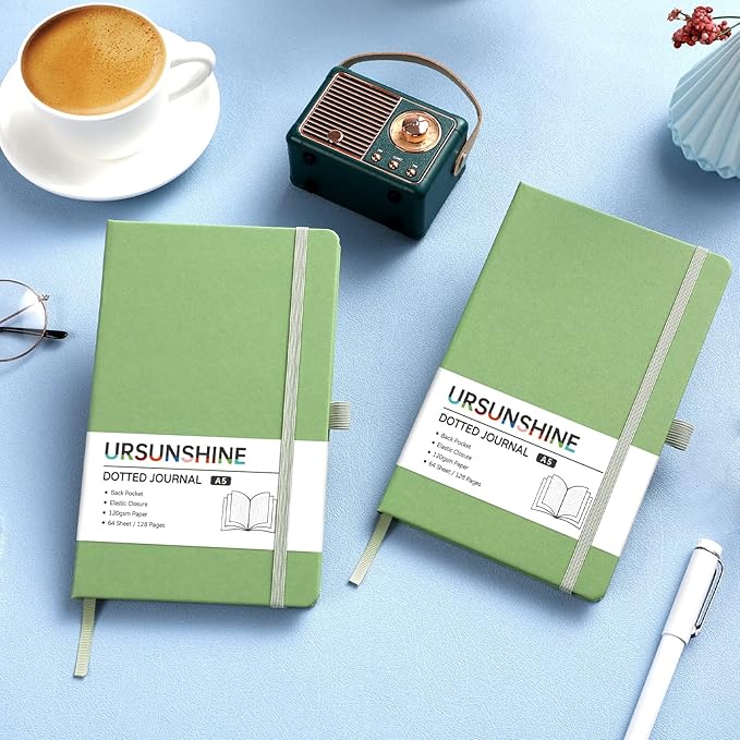 Dotted Journal/Notebook - Dot Grid Hard Cover Notebook, Premium Thick Paper with Fine Inner Pocket, Black Smooth Faux Leather, Pen Loop, 5.3'' x 8.26'' - Light Green