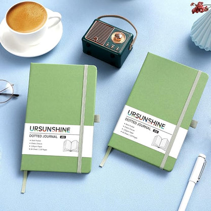 Dotted Journal/Notebook - Dot Grid Hard Cover Notebook, Premium Thick Paper with Fine Inner Pocket, Black Smooth Faux Leather, Pen Loop, 5.3'' x 8.26'' - Light Green