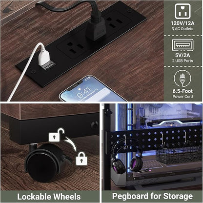 Computer Tower Stand with Power Strips, Height Adjustable PC Tower Stand/Cart with Wheels, Mobile Rolling CPU Holder, Computer Cart Side Stand for Computer Desk, 24", Black Walnut