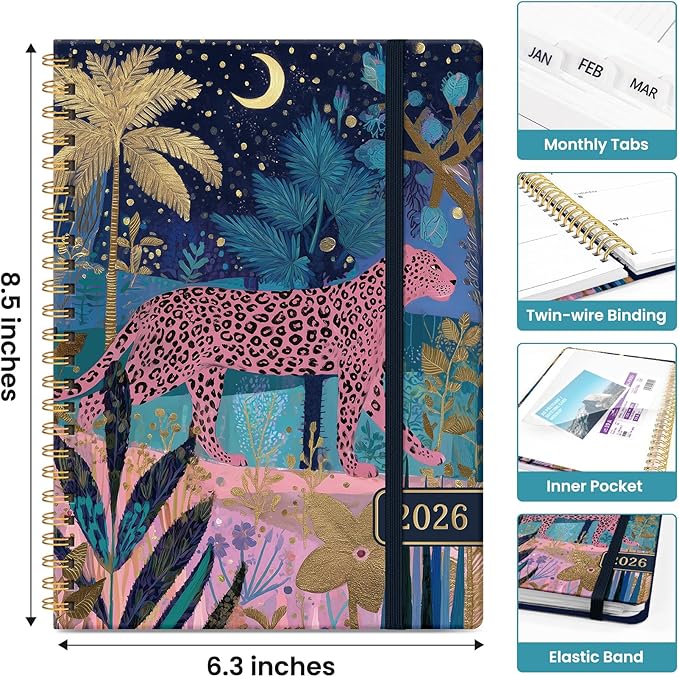 2026 Planner, Aesthetic Weekly and Monthly Planner for Women, Jan 2026 to Dec 2026, Hardcover 2026 Calendar Book with Monthly Tabs, Inner Pocket, Perfect for Office Home School - A5 (6.3" x 8.5"), Midnight Jungle