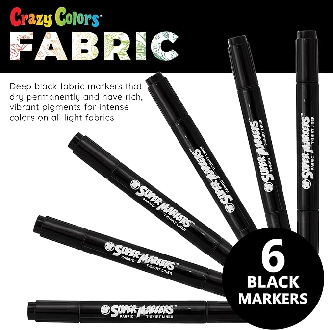Super Markers Black Dual Tip Fabric & T-Shirt Markers, Set of 6 - Double-Ended with Chisel Point and Fine Point Tips - Permanent Vibrant Ink - Outline Clothing Designs Decorate Clothes
