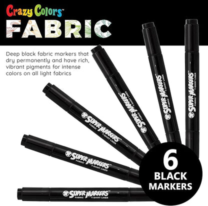 Super Markers Black Dual Tip Fabric & T-Shirt Markers, Set of 6 - Double-Ended with Chisel Point and Fine Point Tips - Permanent Vibrant Ink - Outline Clothing Designs Decorate Clothes