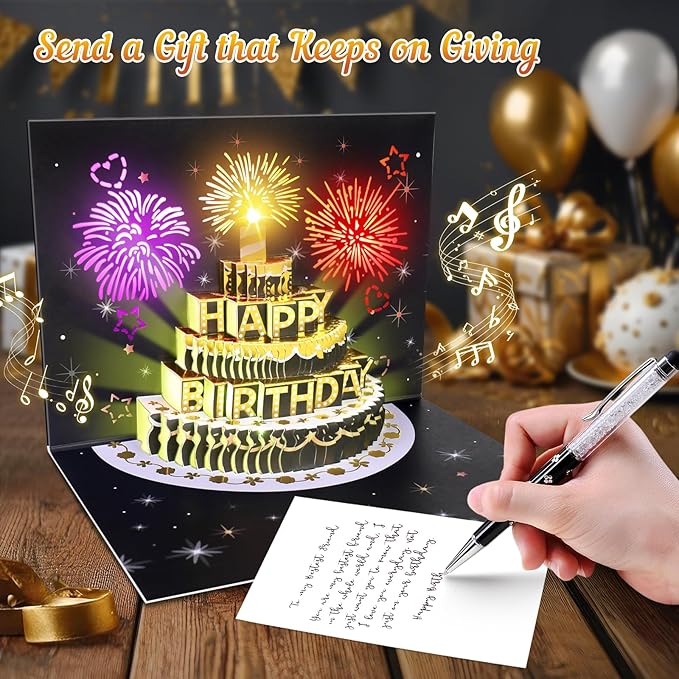 Birthday Cards Birthday Gifts for Women Fireworks Pop Up Cake Light and Music Happy Birthday Card Gift for Women, Men, Mom, Grandma