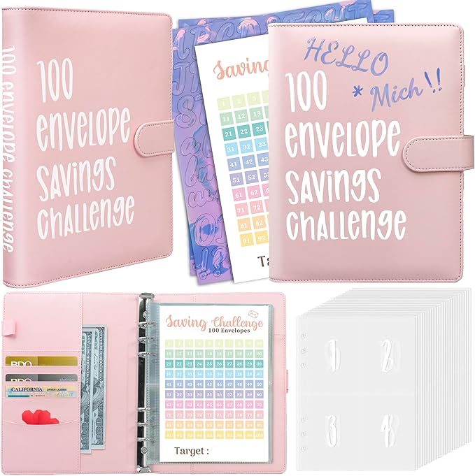 100 Envelopes Saving Challenge Binder, A5 Money Saving Budget Binder with 100 Cash Envelope | Savings Challenges Save $5,050 (Pink)