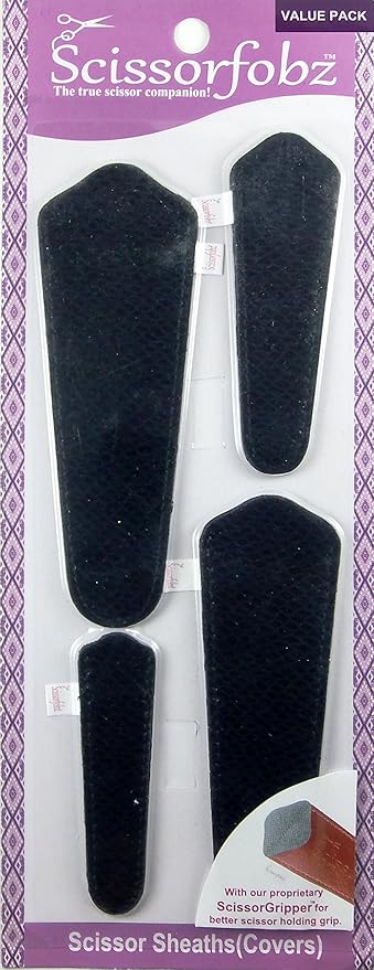 Scissors sheaths by SCISSORFOBZ with ScissorGripper -VALUE PACK-4 sizes- Designer Scissor Covers Holders for embroidery sewing quilting - Quilters sewers gift - Shiny Black Pattern Design. S-35