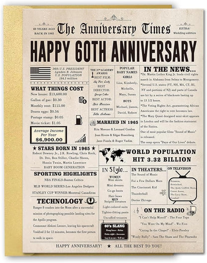 Big 60th Anniversary Card for Women Men, Retro 60 Year Anniversary Card Gift for Couple, Diamond Wedding Decorations for Husband Wife, Vintage 60 Years Marriage Gift for Him Her