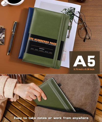 Lined Journal Notebook for Women Men, 256 Numbered Pages Hardcover Leather Journals for Writing, A5 Journaling Notebooks, College Ruled Journal for Business Work School 5.75" x 8.38" Olive Green