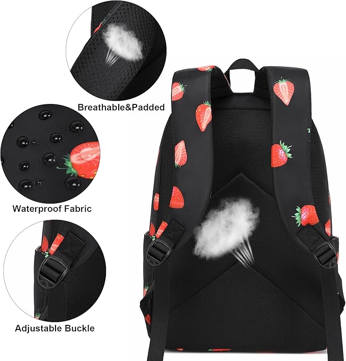 Strawberry School Backpack for Teens Girls, Womens College Bookbags Kids School Bags Laptop Backpacks