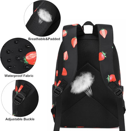 Strawberry School Backpack for Teens Girls, Womens College Bookbags Kids School Bags Laptop Backpacks