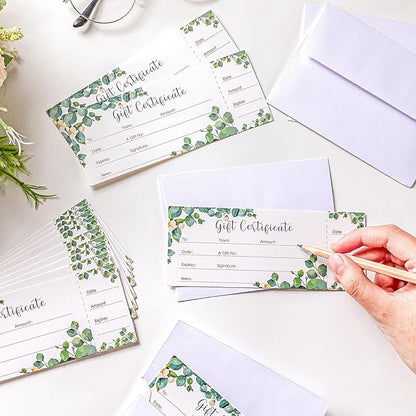 50 Sets Gift Certificate for Business with 50 Pcs Envelopes Blank Gift Certificate Cards with Name and Address Rustic for Beauty Salon Restaurants Birthday Client (Eucalyptus Leaves,4.72 x 2.36 Inch)