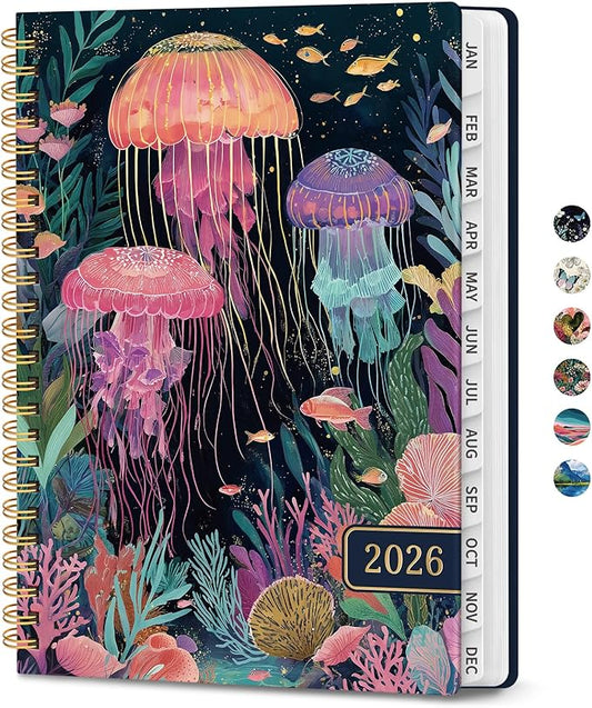 2026 Planner, Weekly and Monthly Planner for Women, January 2026 to December 2026, Pretty Hardcover 2026 Calendar Planner Book with Tabs, Inner Pocket, Spiral Bound, Perfect Office Home School Supplies - 8.5" x 11", Jellyfish