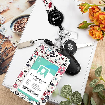 bolimoss ID Badge Holder with Adjustable Lanyard and Retractable Reel, Cute Flower Leather Card Name Tag Lanyard Vertical ID Protector Bage Clips for Nurse Doctor Teacher Student