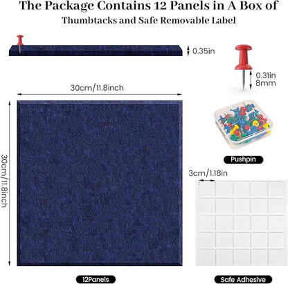 Large Cork Board for Office Dark Blue Felt Board Alternative-12 Pack Felt Wall Tiles for Office Wall Decor,Felt Bulletin Board Tiles,Push pin Board Wall Organizer for Office