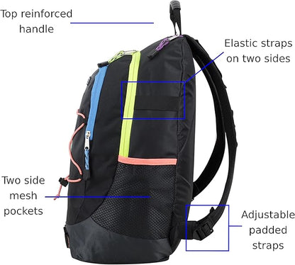 FUEL Hiking Backpack for Women Men Terra Sport, Travel, College, Gym, Work with Laptop Sleeve, Bungee, 18 Inches, Rainbow Black