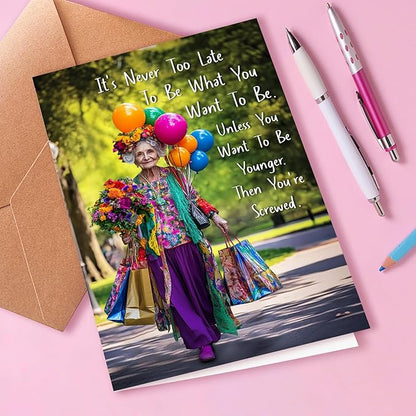 Funny Birthday Card for Old Women, 60th-90th Birthday Greeting Card, Modern Style, 5x7 inches, Blank Inside, Envelope Included