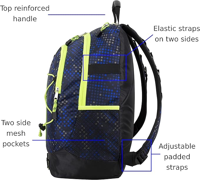 FUEL Hiking Backpack for Women Men Terra Sport, Travel, College, Gym, Work with Laptop Sleeve, Bungee, 18 Inches, Blue Hexagon