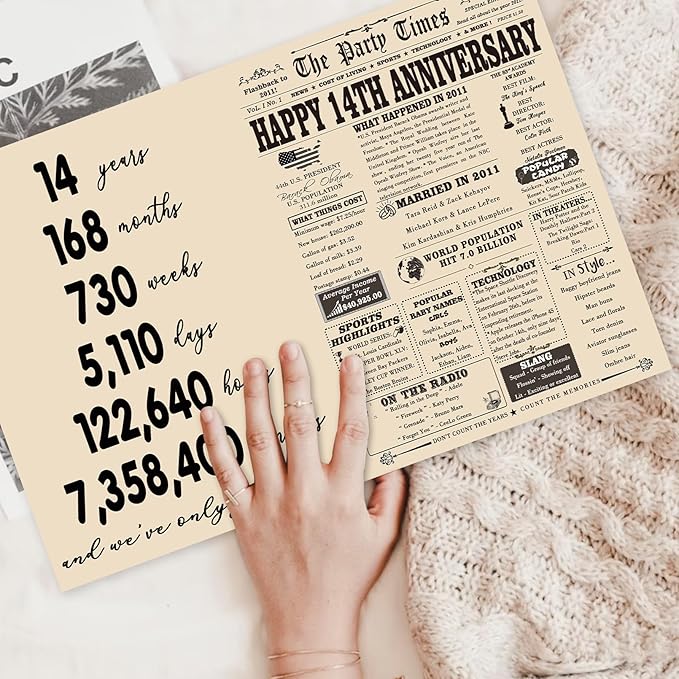 YiKaLus Large 14th Anniversary Card Gift for Him Her, Vintage 14 Year Wedding Anniversary Decoration for Women Men, 14th Aday Gifts for Husband Wife