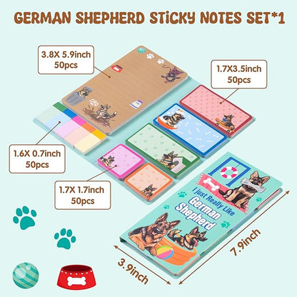 B1ykin Sticky Notes Set - Cartoon Theme Cute Self-Stick Notes Pad Teacher Appreciation Gifts， Self-Adhesive Writing Memo Pages Sticky to Do Notepad for Kids Employee School Office (German Shepherd)
