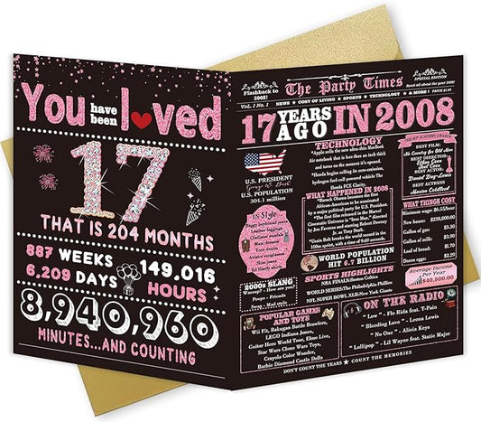 17th Birthday Card Gifts for Girls, Daughter, Niece, Granddaughter, 17th Birthday Decorations for Girls, Large Birthday Card for 17 Year Old, Funny Back in 2008 Birthday Card, Rose Pink Gold