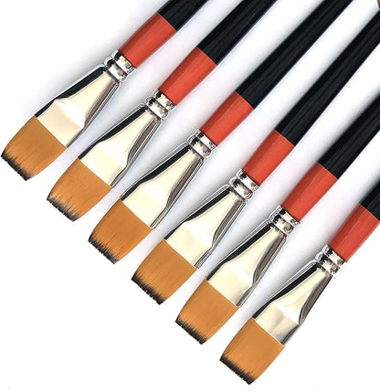 3/4 Inch Flat Bright Paint Brush, Pack of 6, Premium Quality Synthetic Sable Hair for Acrylic Watercolor Oil Gouache Painting by Students, Professionals and Artists