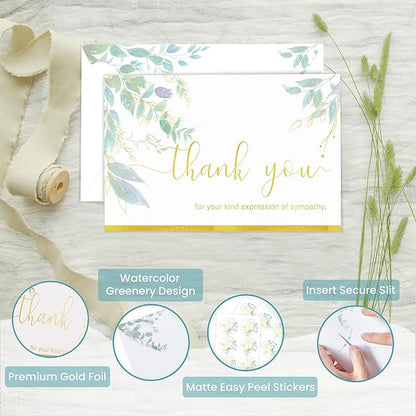50 Pack Funeral Thank You Cards with Envelopes & Stickers, Watercolor Thank You Sympathy Cards for Funeral with Meaningful Message, Bereavement Card for Memorial Service, Funeral