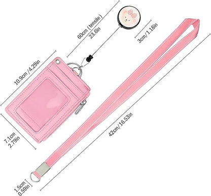 Cute ID Badge Holder Retractable Lanyard Reel Clip with Heavy Duty Carabiner, 5 Card Slots in 2 Sided with Key Ring and Zipper for Students Teens Boys Girls Office Staff Women (Pink Bear)