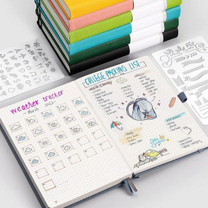 AHGXG Bullet Dotted Journal - 320 Numbered Pages Dot Grid Notebook A5 Thick Journal, 100gsm Thick Dotted Paper, Leather Hardcover,Inner Pocket, 5.75'' × 8.38'' - GrayBlue