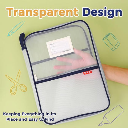 Pendancy Mesh Zipper Pouch 14.8x10.8 in Transparent Lightweight Nylon File Folders, A4 Size Multi-Layer Subject Document Organizer Accessories Storage Bag for Office and School Supplies(Dark Blue)