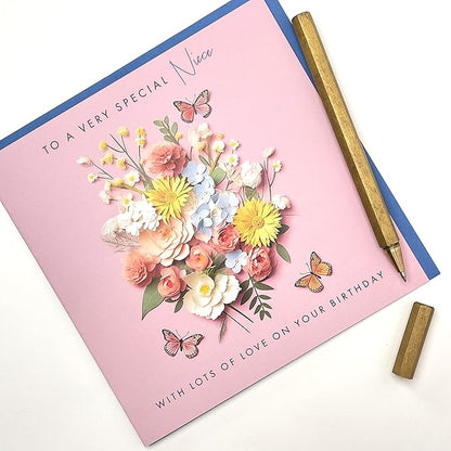 Old English Co. Special Niece Birthday Card for Her - Pink Flower Butterfly Artwork Birthday Card for Niece from Aunt Uncle - Cute Niece Birthday Card | Blank Inside Envelope