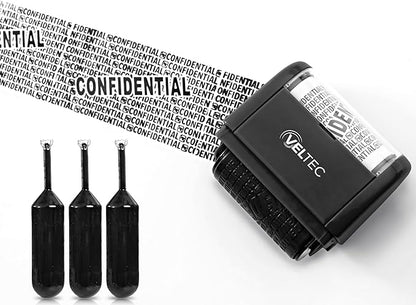 Veltec ID Protector Ink Roller - Identity Theft Protection Roller Stamp Set (Black, Stamp+3 Refills)
