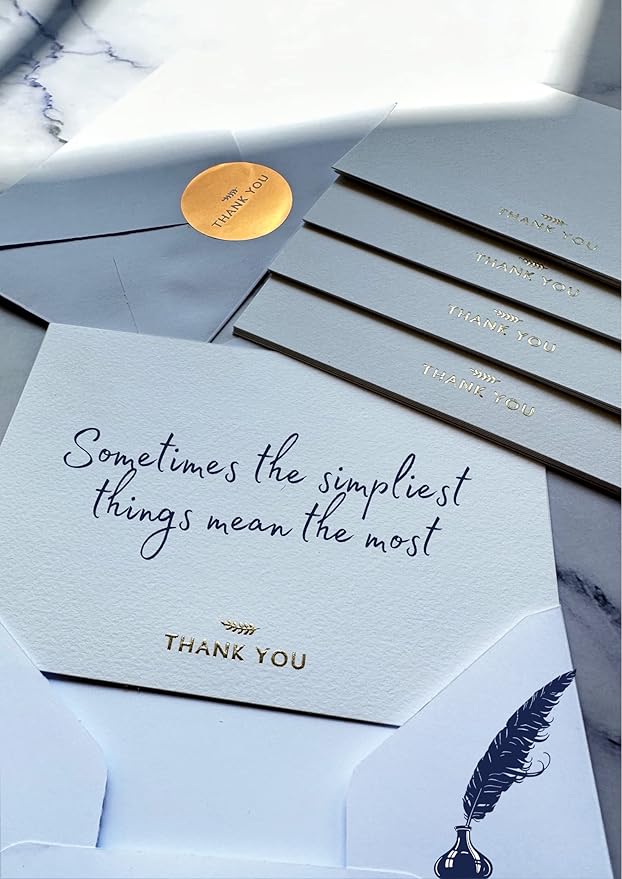 RUN2PRINT (36 Pack) Thank You Cards With Envelopes & Gift of 36 Foiled Stickers - Elegant Emboss Rose Gold Foil Pressed Blank Notes Wedding All Occasion Cards (White)