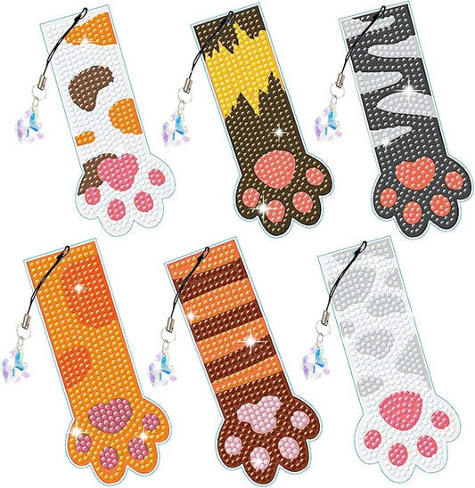 pigpigboss Paw Bookmark Diamond Painting Set 6 PCS PVC Cute Animal Paw Diamond Painting Bookmark with Pendant Diamond Painting Bookmark for Adult Book Decor Gift