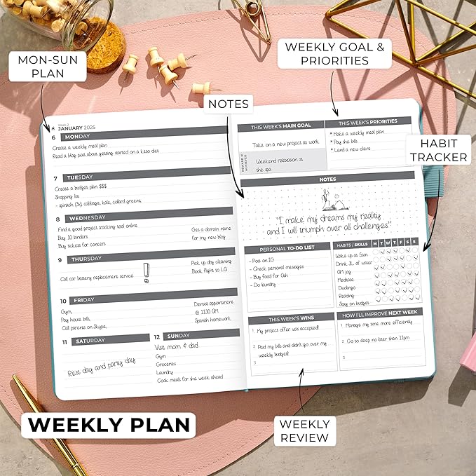 Clever Fox Dated Planner 2025-2026 – Weekly Life Planner Notebook for Goal Setting & Time Management – Planner with Habits Tracker, to-do List & Dated Pages – A5, Lasts 1 Year (Aquamarine)