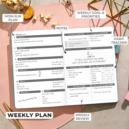 Clever Fox Dated Planner 2025-2026 – Weekly Life Planner Notebook for Goal Setting & Time Management – Planner with Habits Tracker, to-do List & Dated Pages – A5, Lasts 1 Year (Aquamarine)