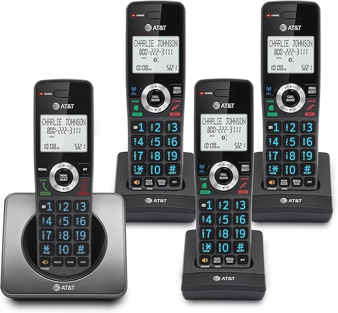 AT&T GL2101-4 DECT 6.0 4-Handset Cordless Home Phone with Call Block, Caller ID, Full-Duplex Handset Speakerphone, 2" White Backlit Display, Lighted Keypad (Graphite & Black)
